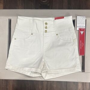 GUESS Cream High-Waisted Shorts with Gold Accents
